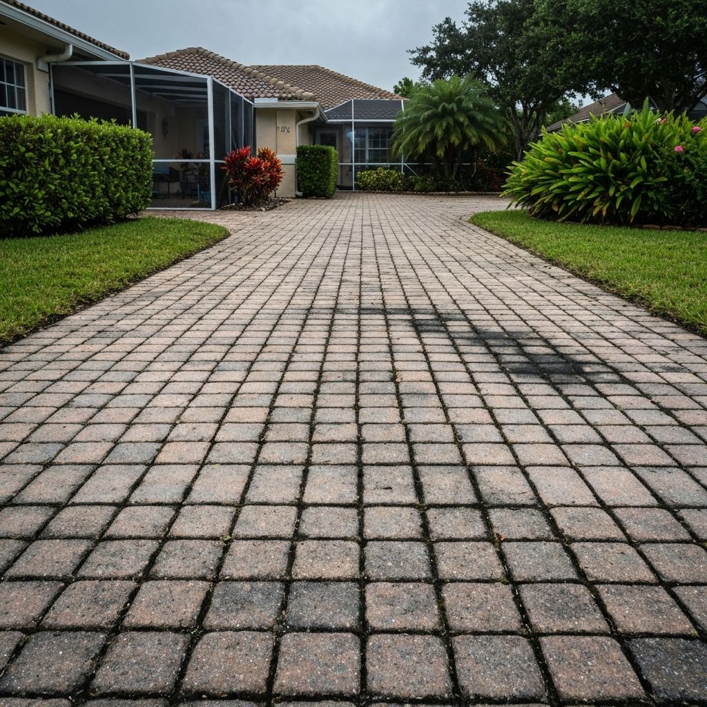 Faded, stained paver driveway before cleaning and sealing
